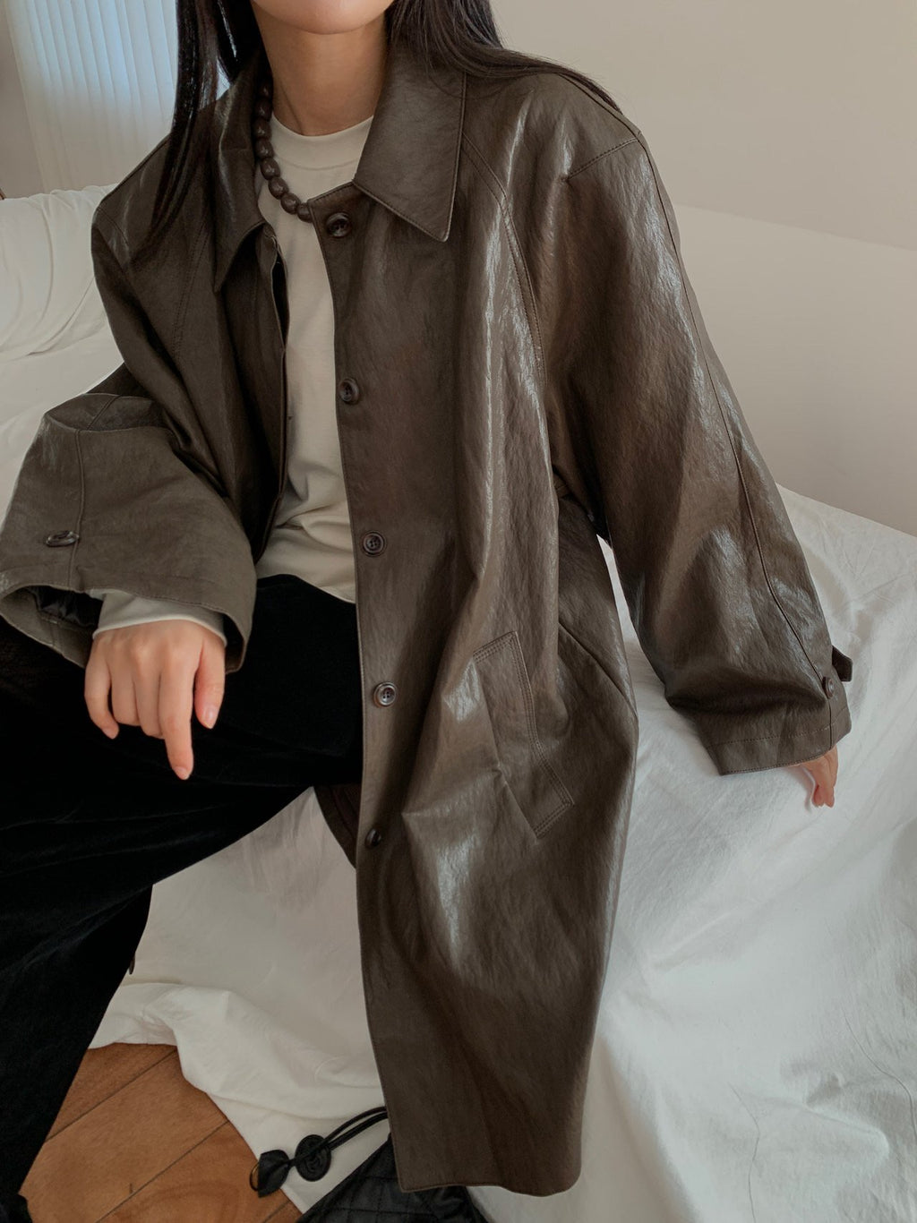 Brown leather-look shirt jacket side view
