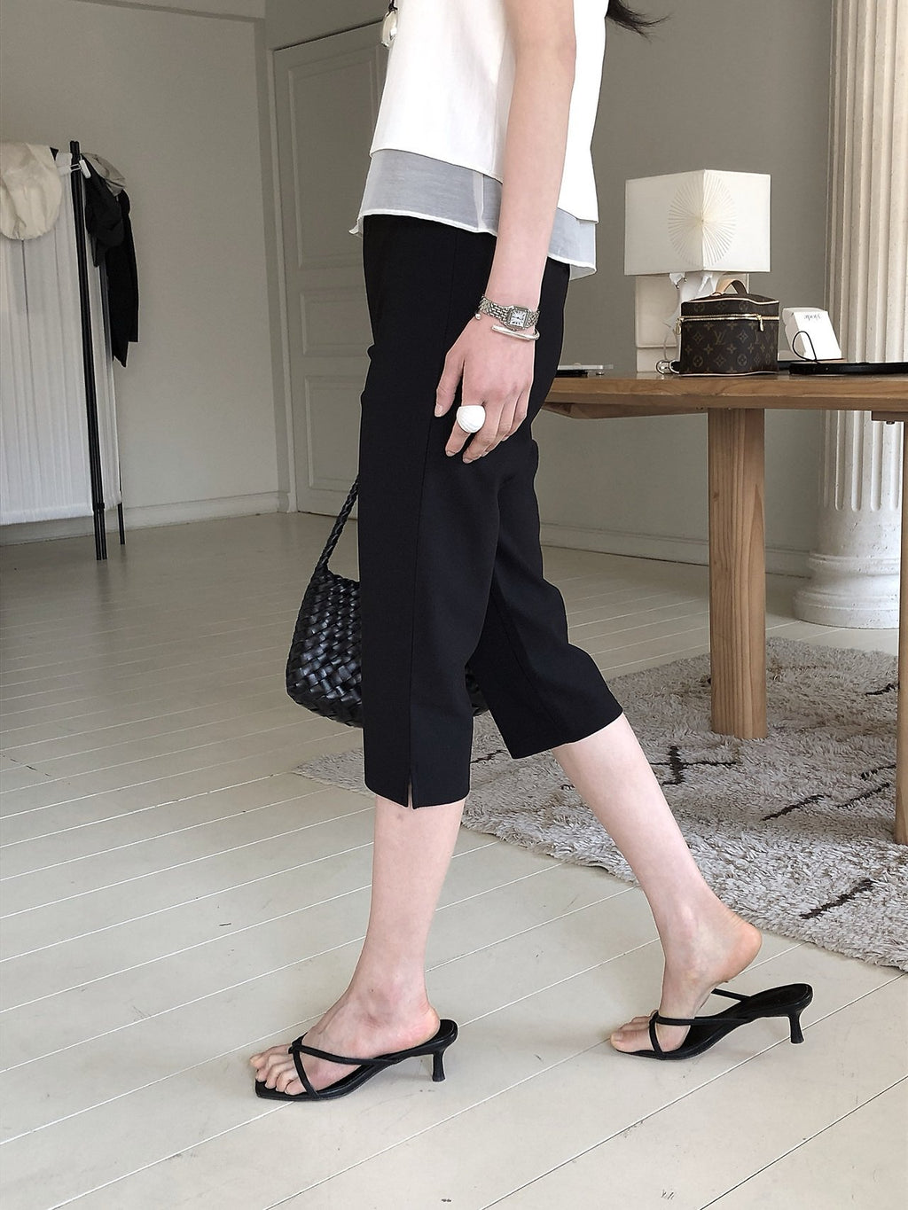 LeButter Slit Hem Capri Pants — Elastic Waist