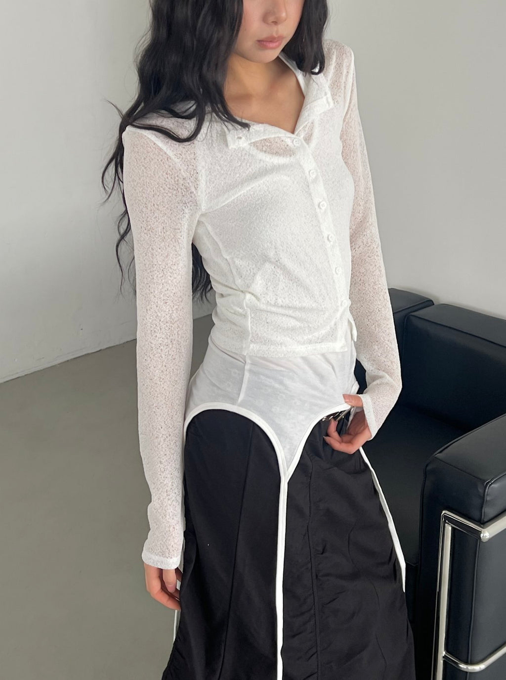 ASKHAKI Sheer Texture Button Front Slim Cropped Cardigan