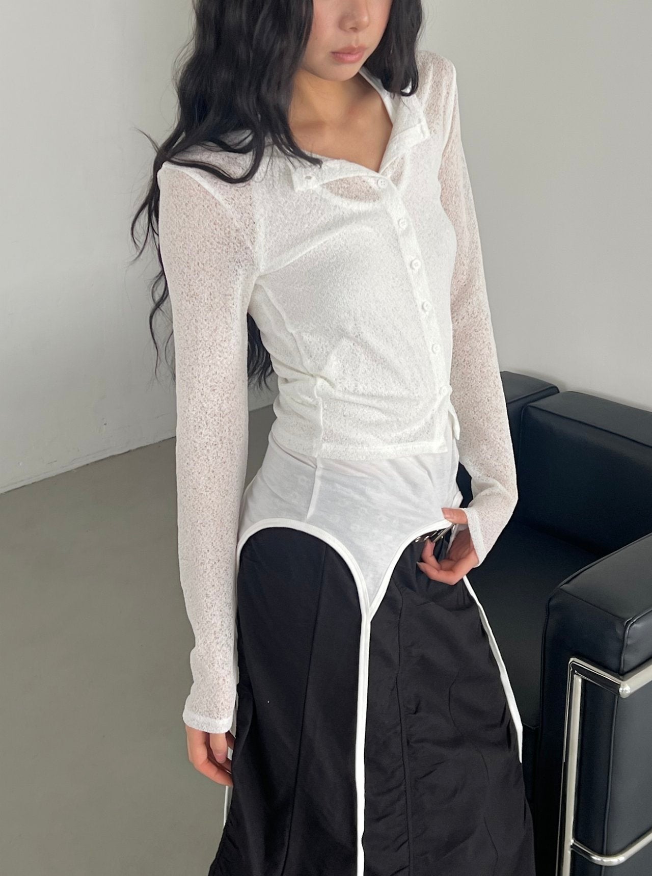 ASKHAKI Sheer Texture Button Front Slim Cropped Cardigan