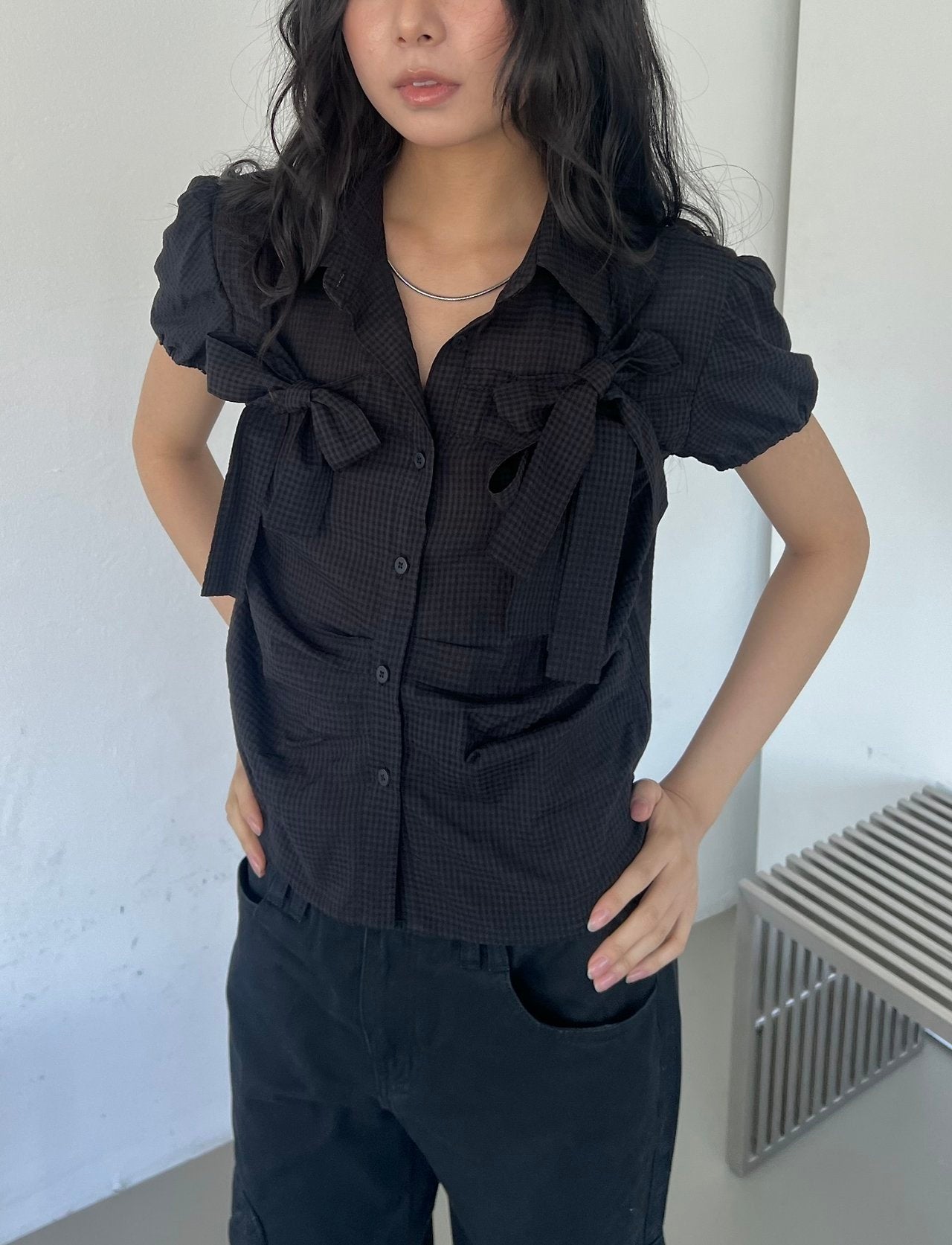 ASKHAKI Ribbon Bow Puff Sleeve Cropped Shirt Blouse
