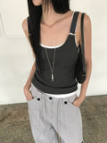 Nweol ribbed square neck tank top in Lime, styled front view
