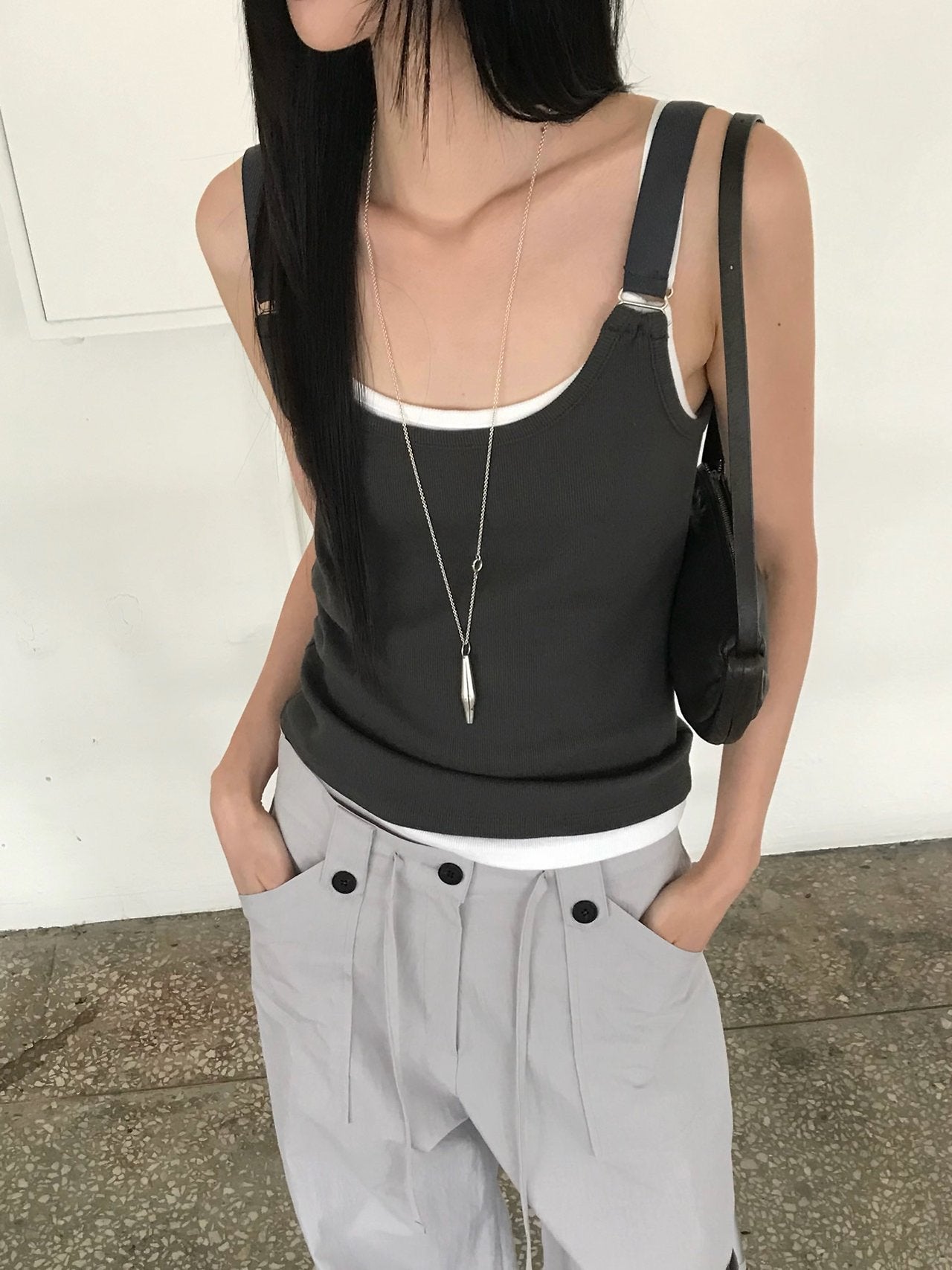 Nweol ribbed square neck tank top in Lime, styled front view