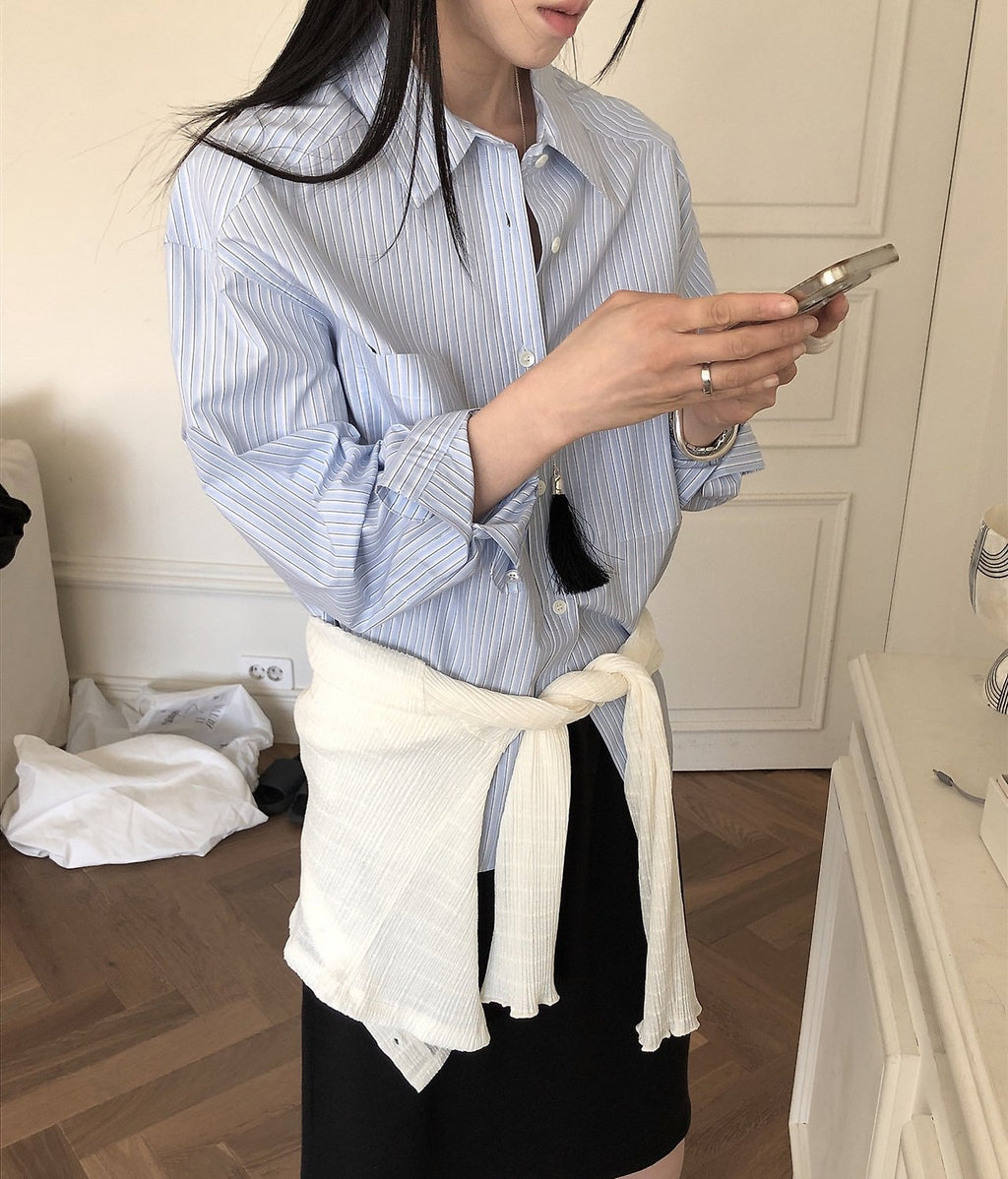 LeButter Pinstripe Oversized Long Sleeve Shirt — Cotton Rayon Blend