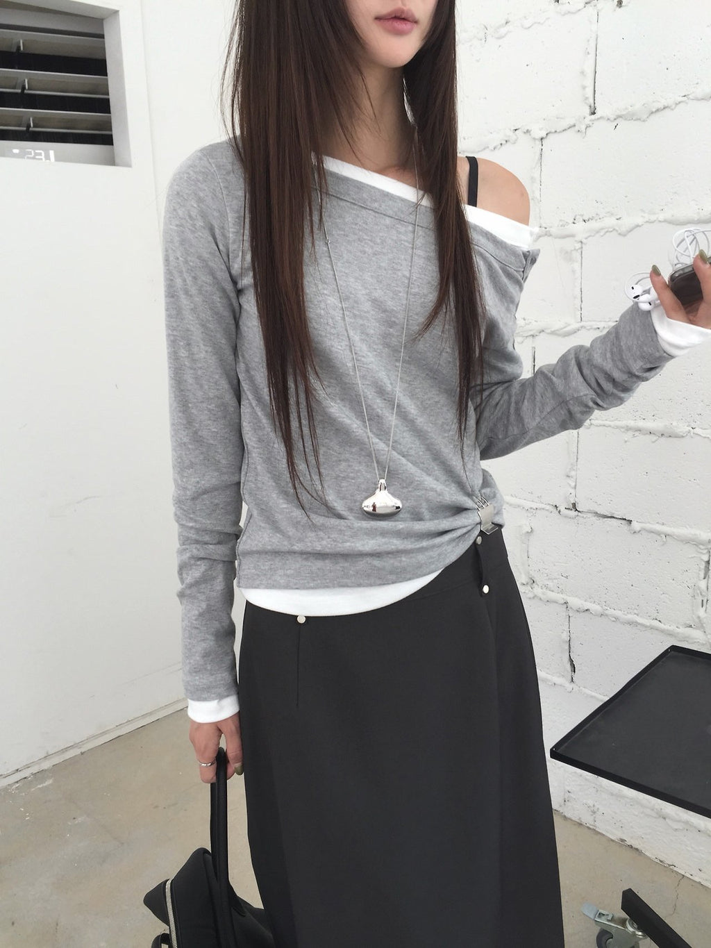Off-Shoulder Button Long Sleeve Top