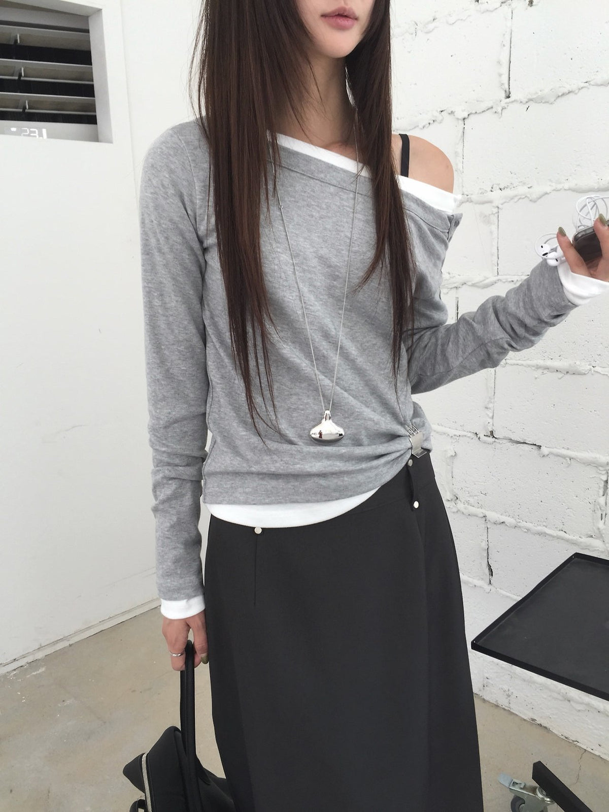 Off-Shoulder Button Long Sleeve Top