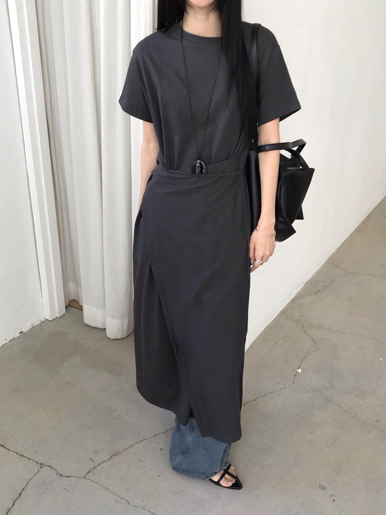 Jeiin Crew Neck Short Sleeve Wrap Panel Midi Dress