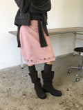 Charcoal suede midi skirt with floral cutout hem, back view