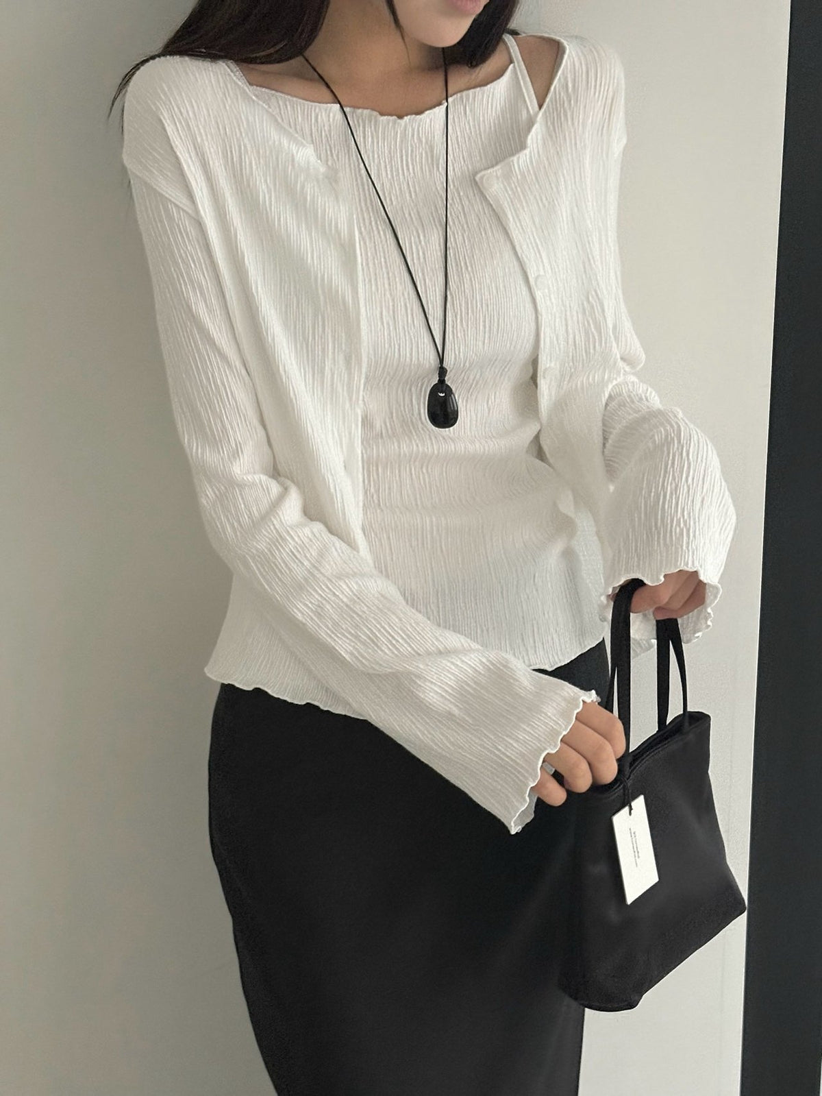 Pleated cardigan and tank top sets in ivory, beige, melange gray, charcoal, and black