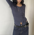 ASKHAKI Button-Front Drawstring Cropped Long Sleeve Cardigan