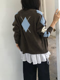Charcoal wool-blend cardigan with red and gray argyle sleeves
