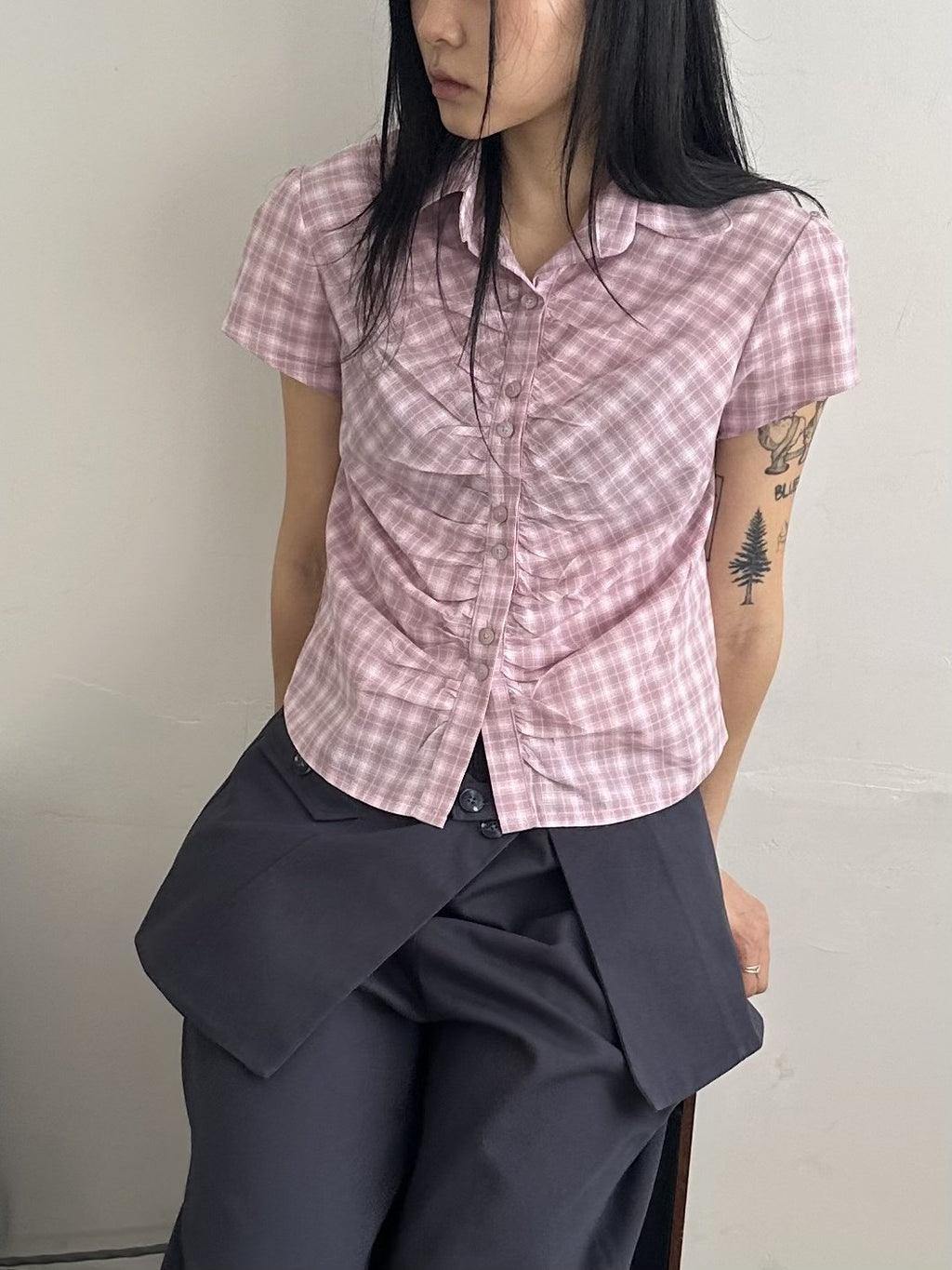 ASKHAKI Check Shirring Puff Sleeve Cropped Button Shirt