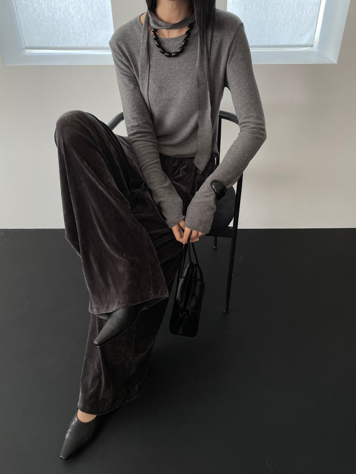 Charcoal velvet wide-leg pants front view
