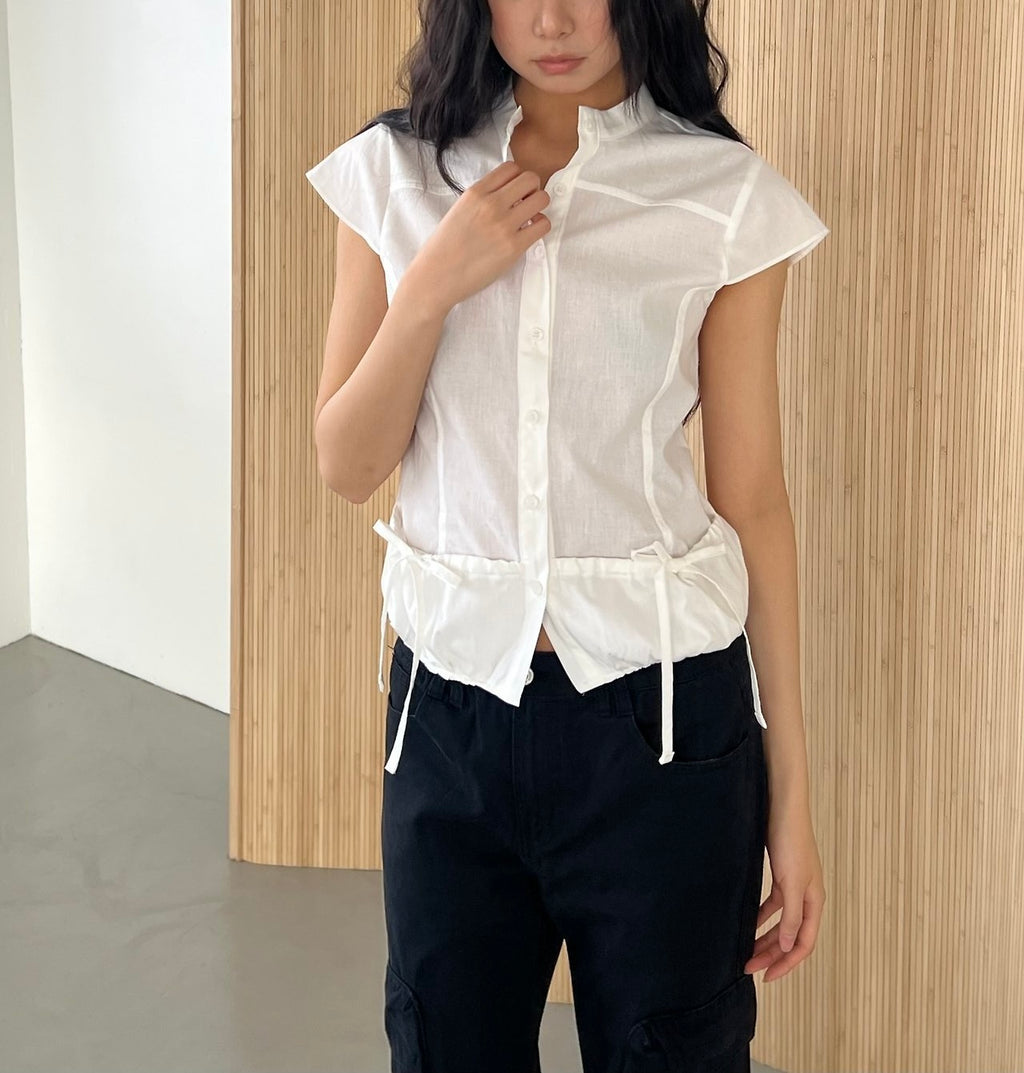 ASKHAKI Stand Collar Patch Pocket Drawstring Hem Cropped Shirt