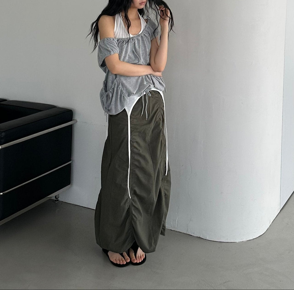 ASKHAKI Gathered Side Balloon Hem Long Skirt
