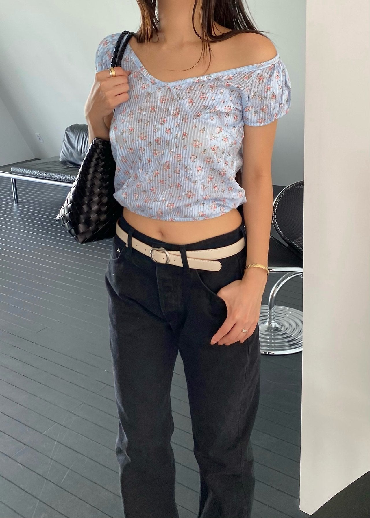 OUPPT Floral Print Crinkle Scoop Neck Puff Sleeve Crop Top