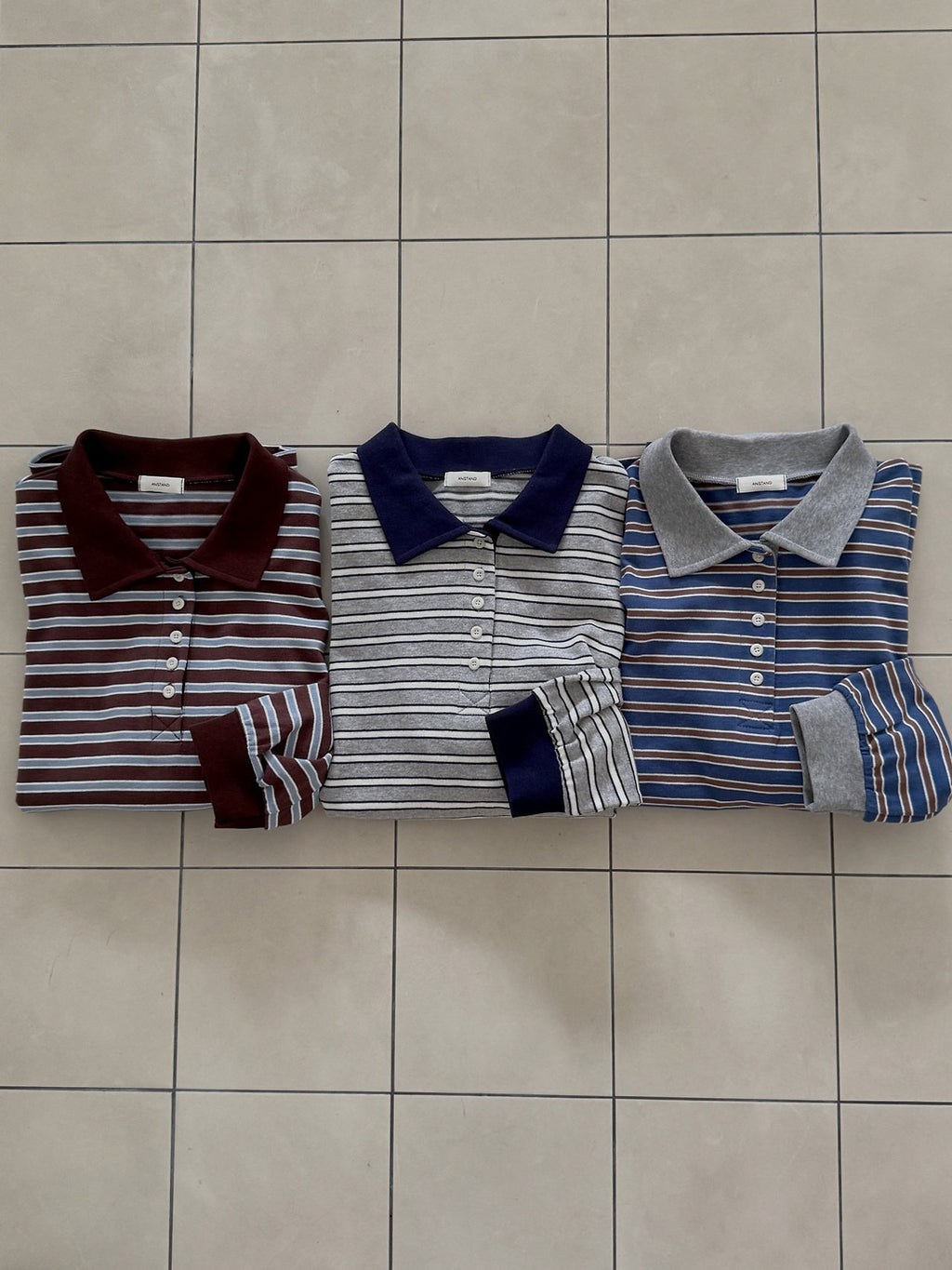 Striped Polo Collar Long Sleeve Tee with Side Slits