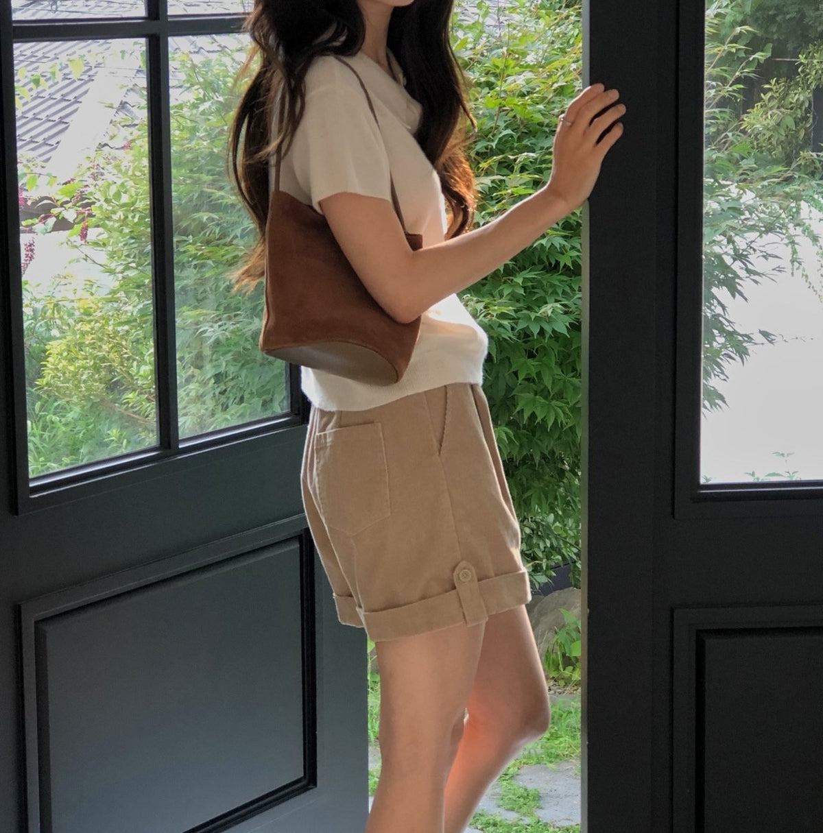 High Waist Pleated Roll-Up Corduroy Shorts