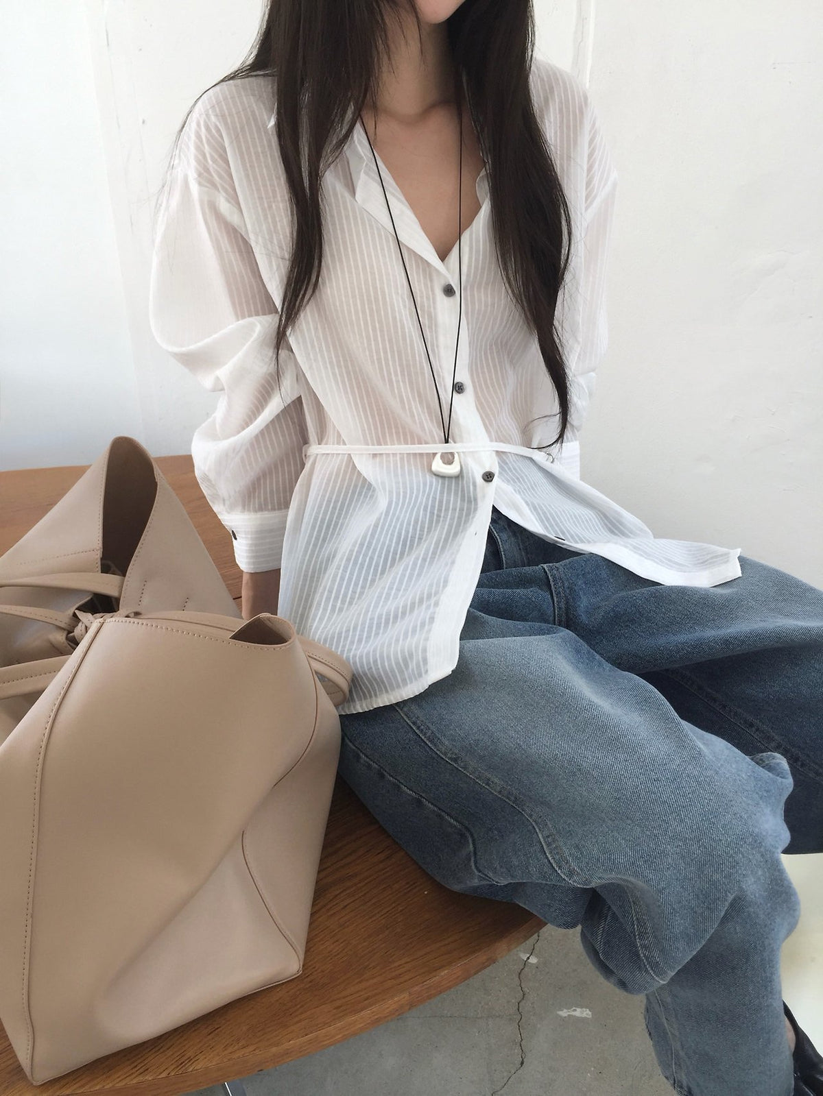 Stripe Texture Button-Down Shirt with Drawstring Waist