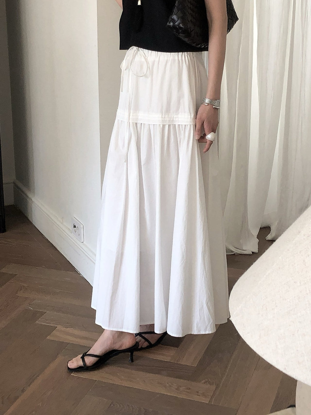 LeButter Pin Tuck Panel Maxi Skirt — Drawstring Elastic Waist