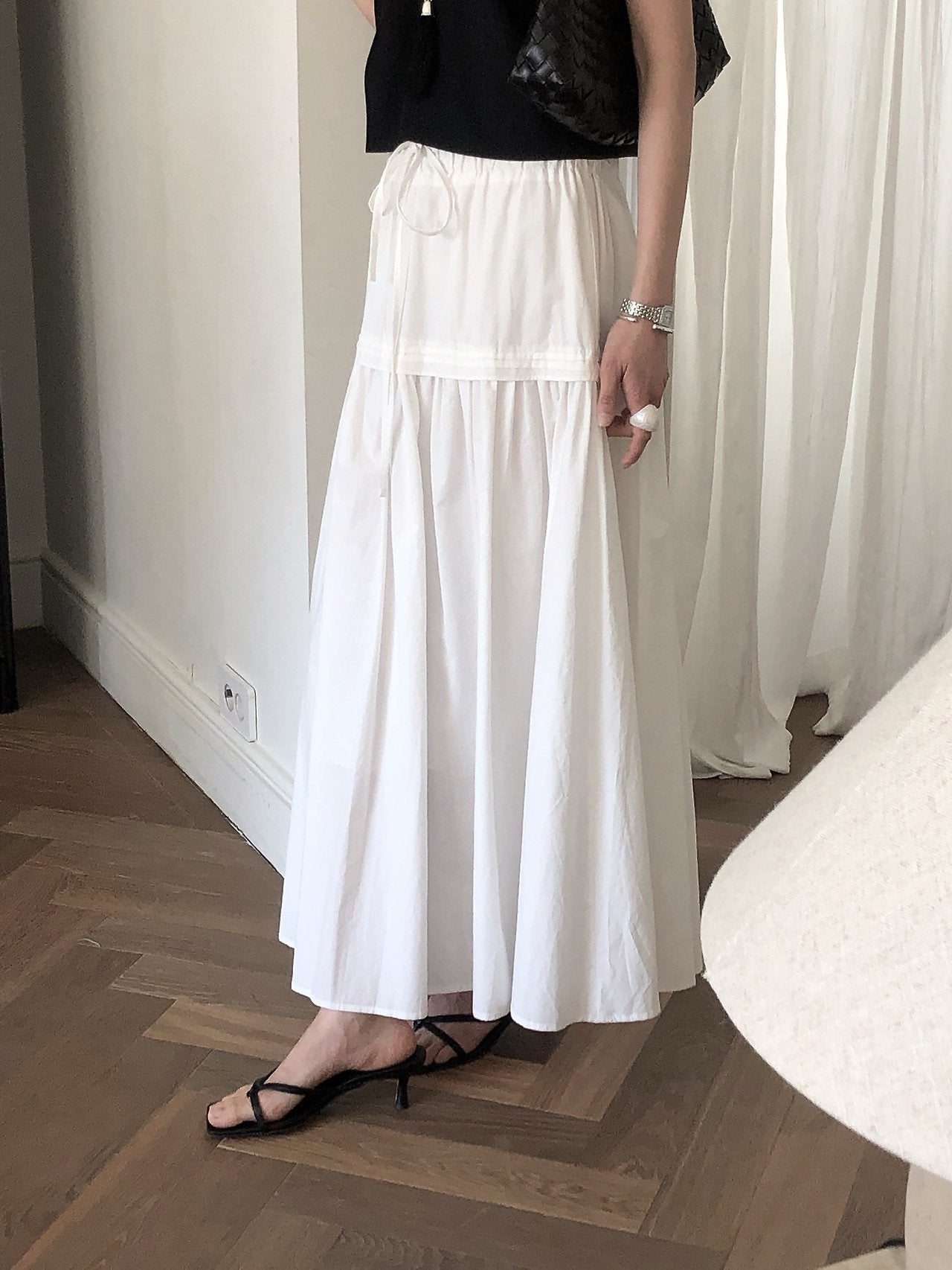 LeButter Pin Tuck Panel Maxi Skirt — Drawstring Elastic Waist