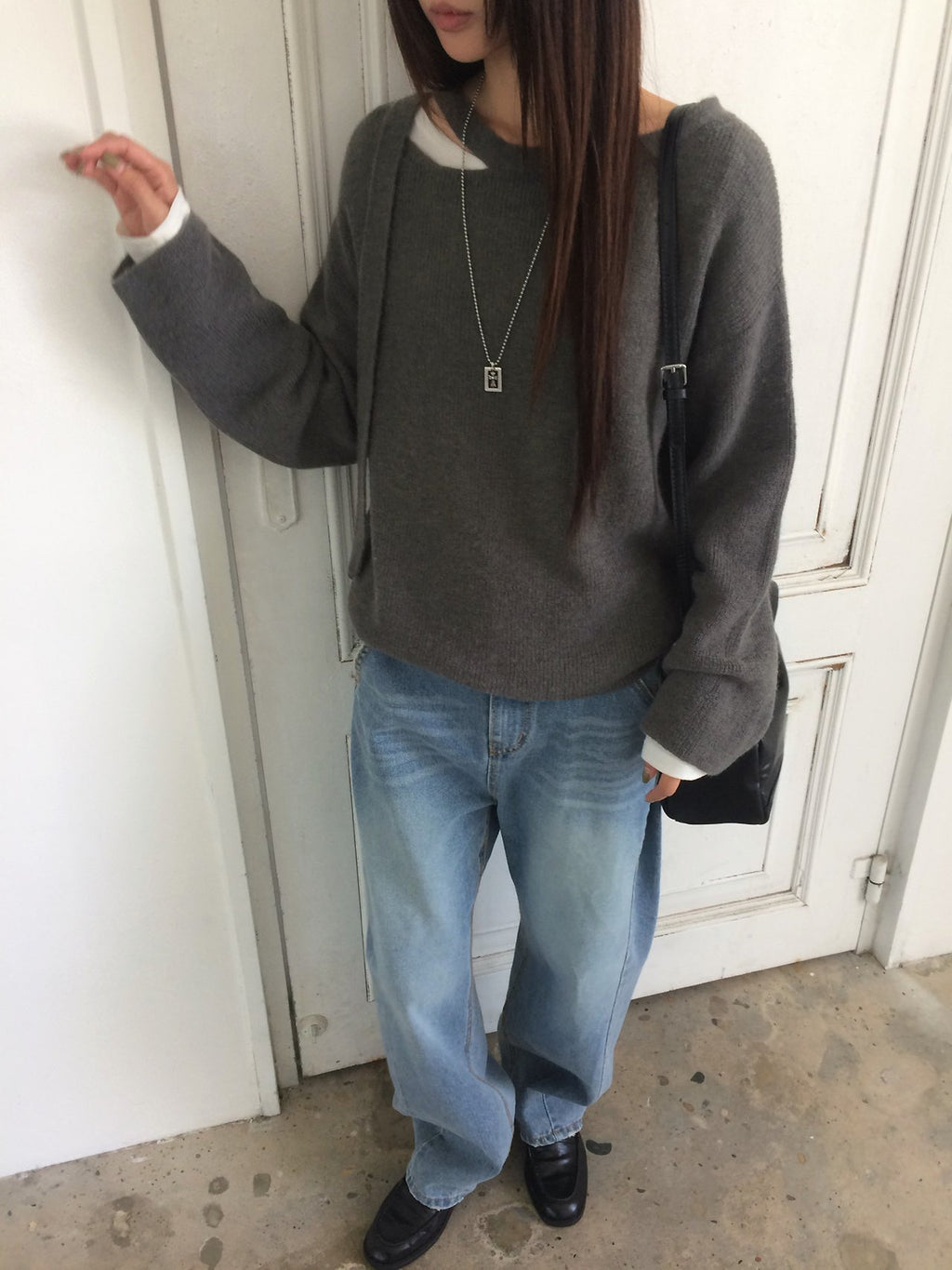 Off-Shoulder Strap Cutout Loose Fit Long Sleeve Knit Top