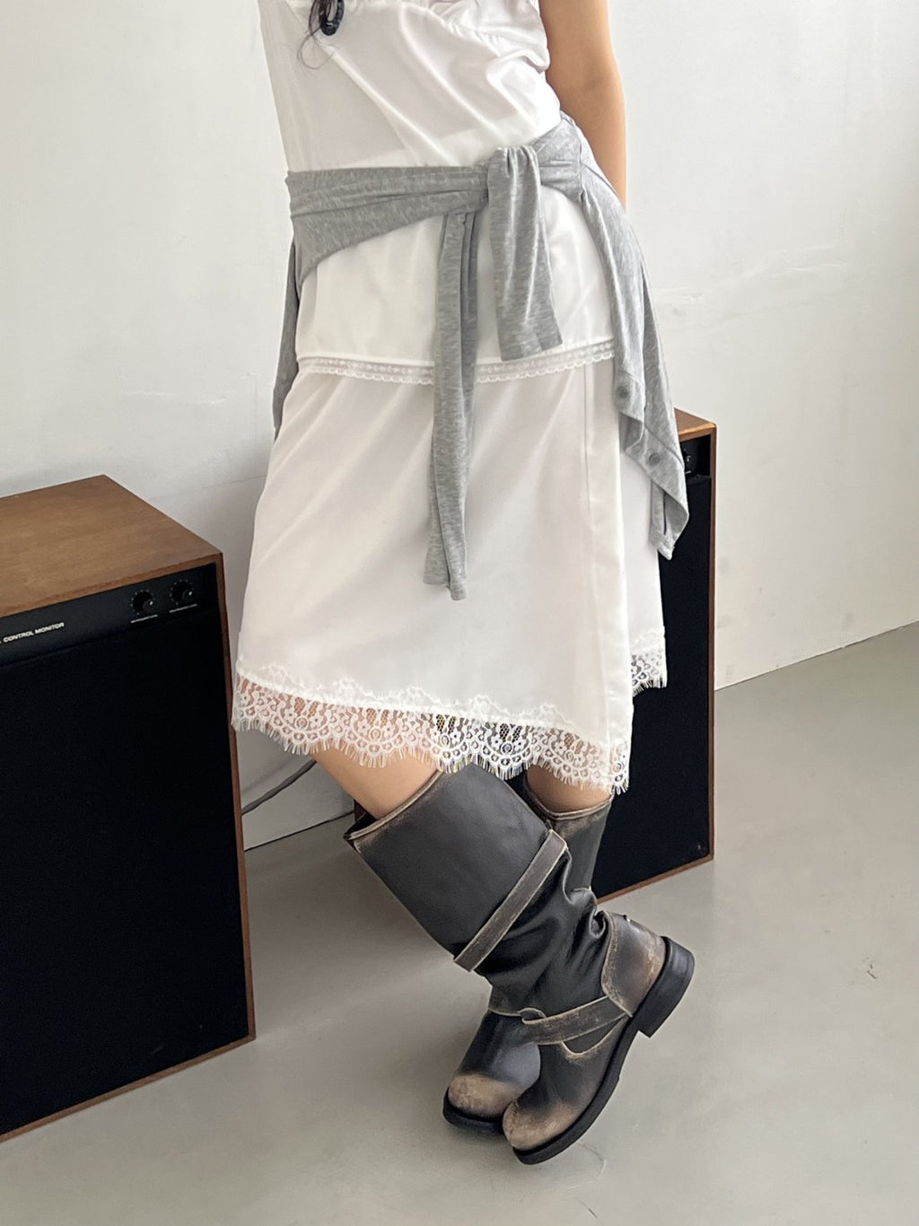 ASKHAKI Lace Trim Slip Blouse & Asymmetric Skirt Set