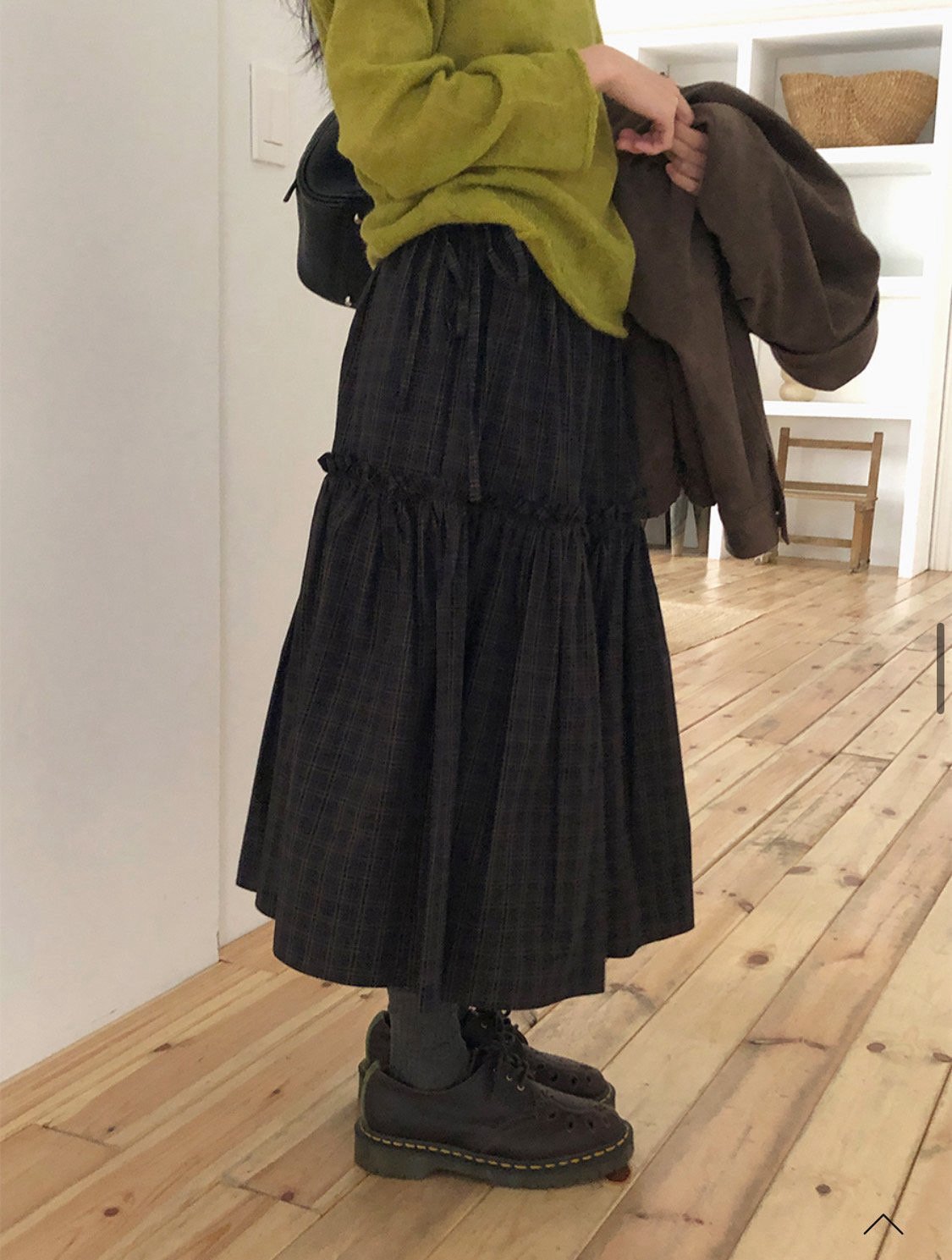 Tiered Midi Skirt with Check Pattern and Drawstring Waist