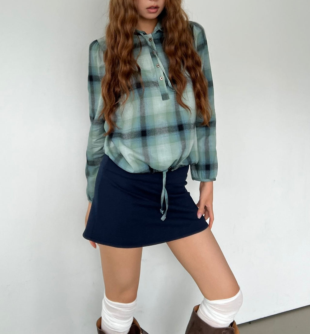 Check Pullover Hooded Shirt with Drawstring Hem