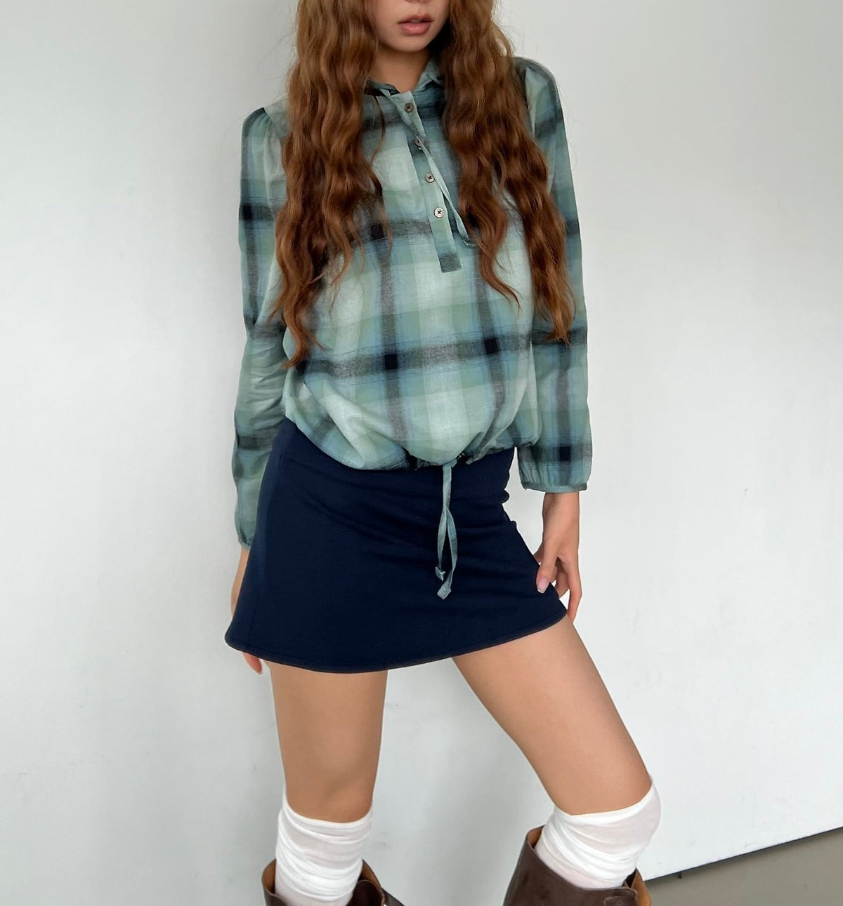 Check Pullover Hooded Shirt with Drawstring Hem