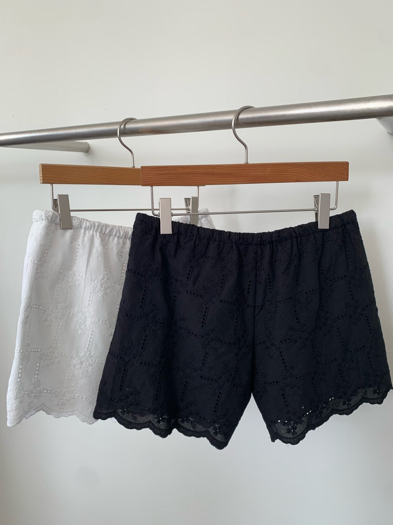 VAARA Eyelet Embroidery Scallop Hem Shorts with Drawstring Elastic Waist
