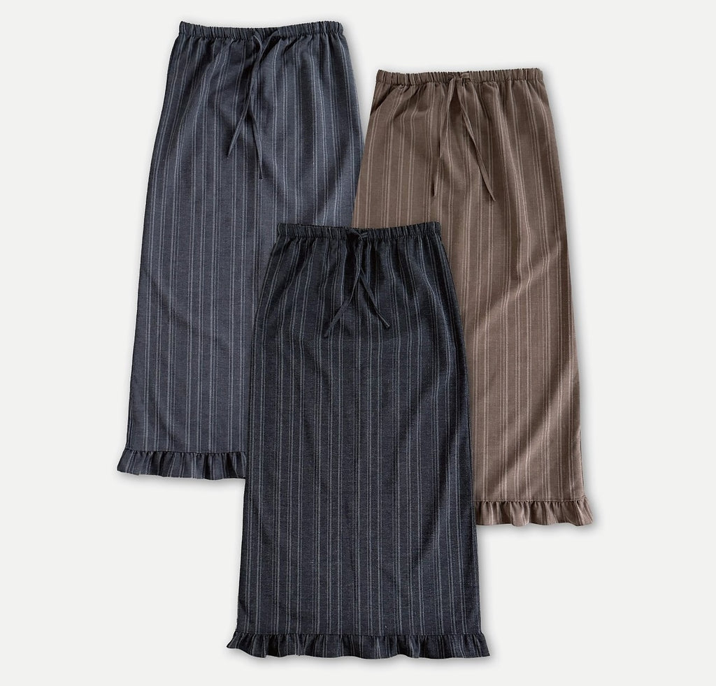 Pinstripe Maxi Skirt with Contrast Waist Band and Ruffle Hem