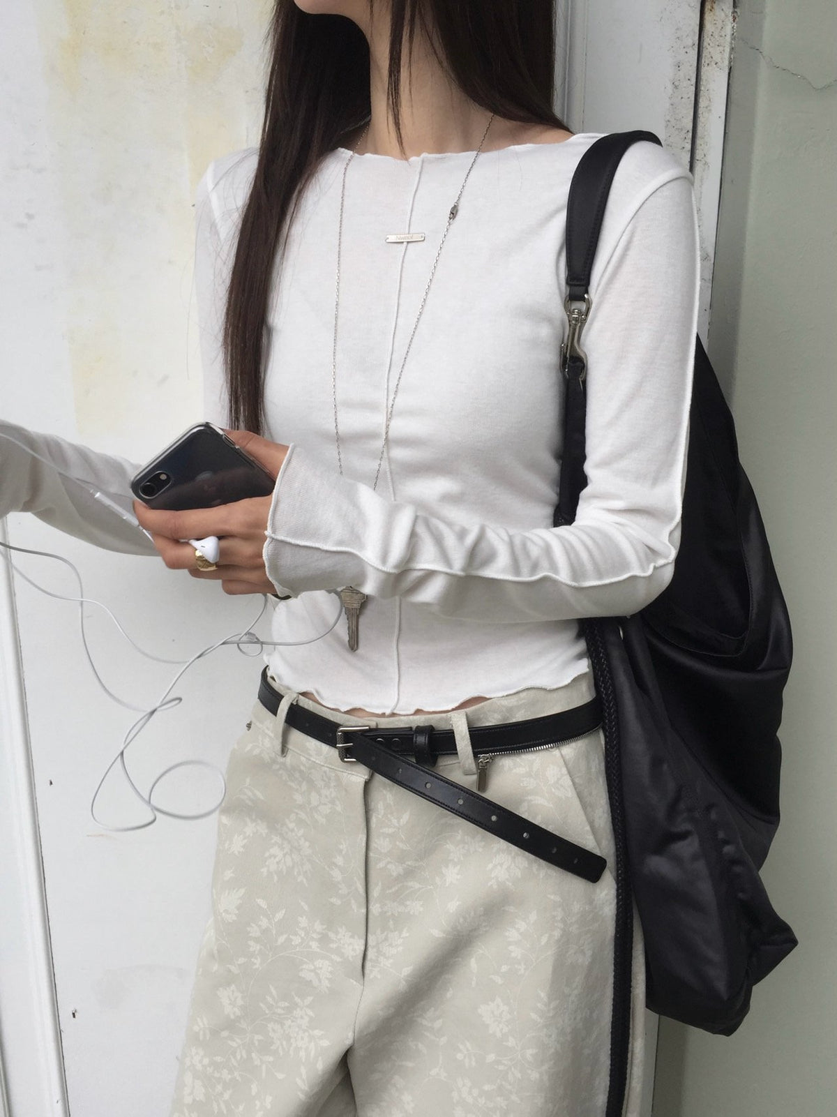Frill Neck Seam Detail Fitted Long Sleeve Top