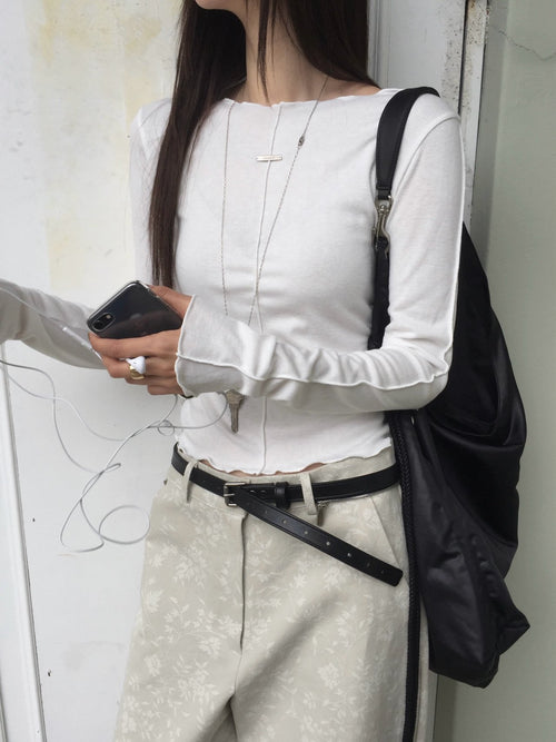 Frill Neck Seam Detail Fitted Long Sleeve Top