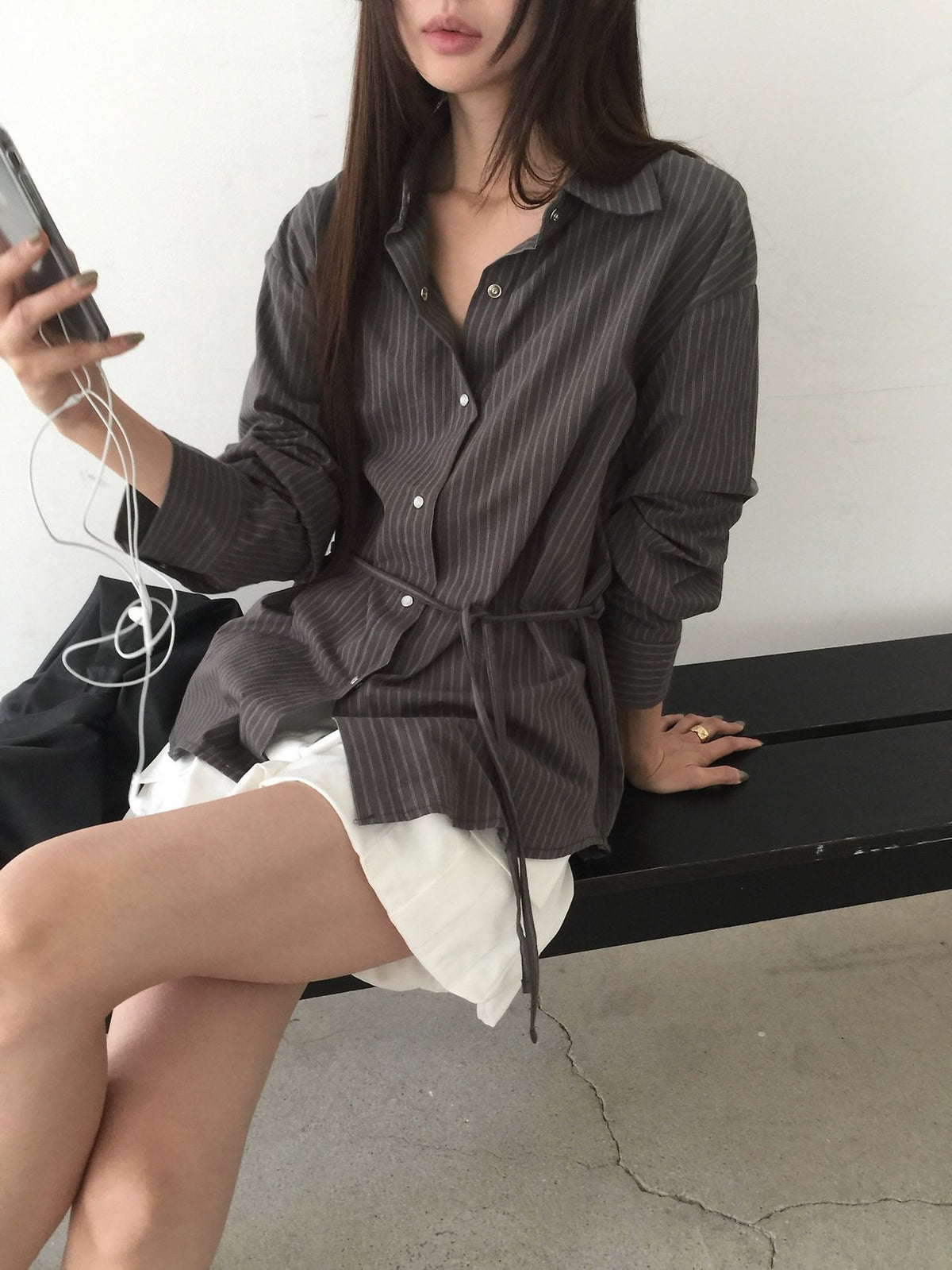 Striped Snap Button Shirt with Belt