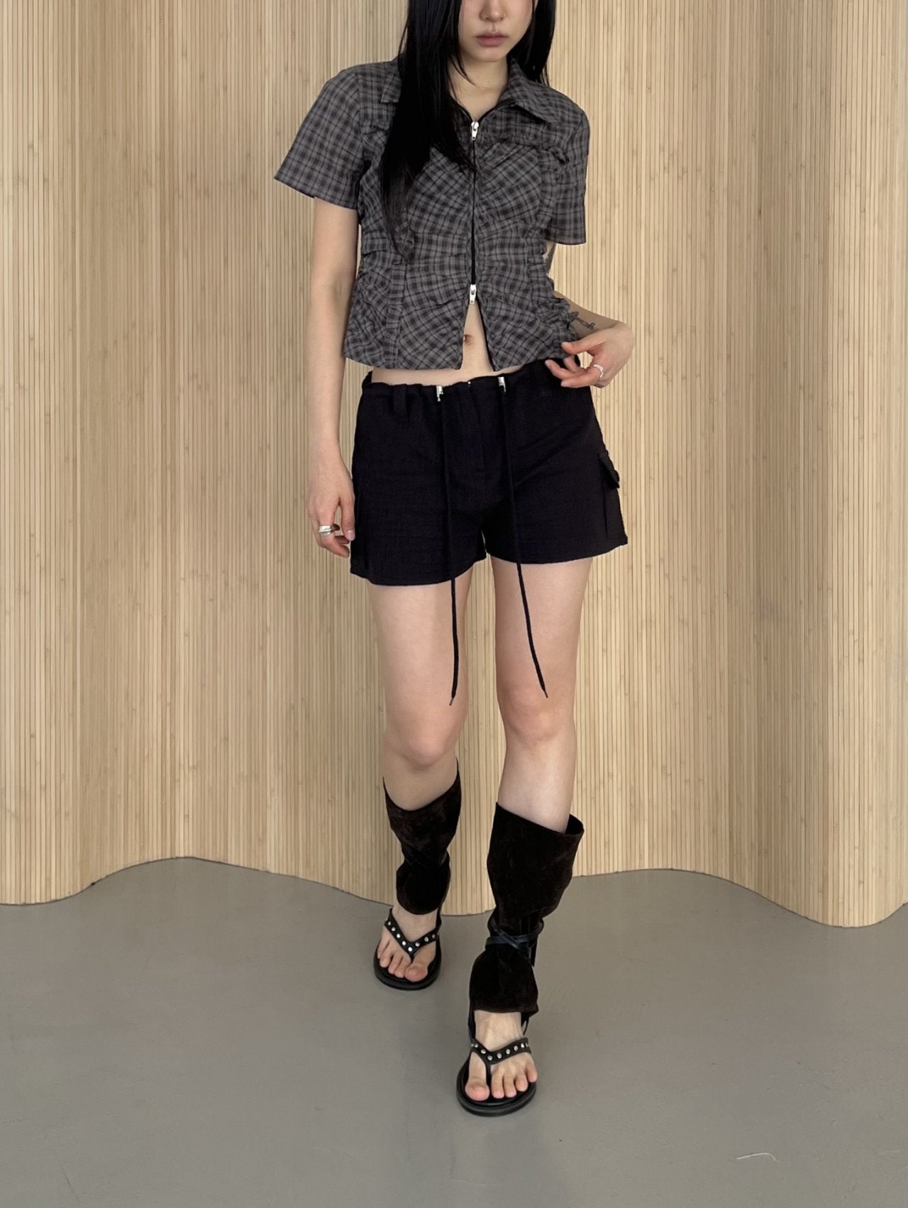 ASKHAKI Check Ruffle Double Zip Cropped Short Sleeve Shirt