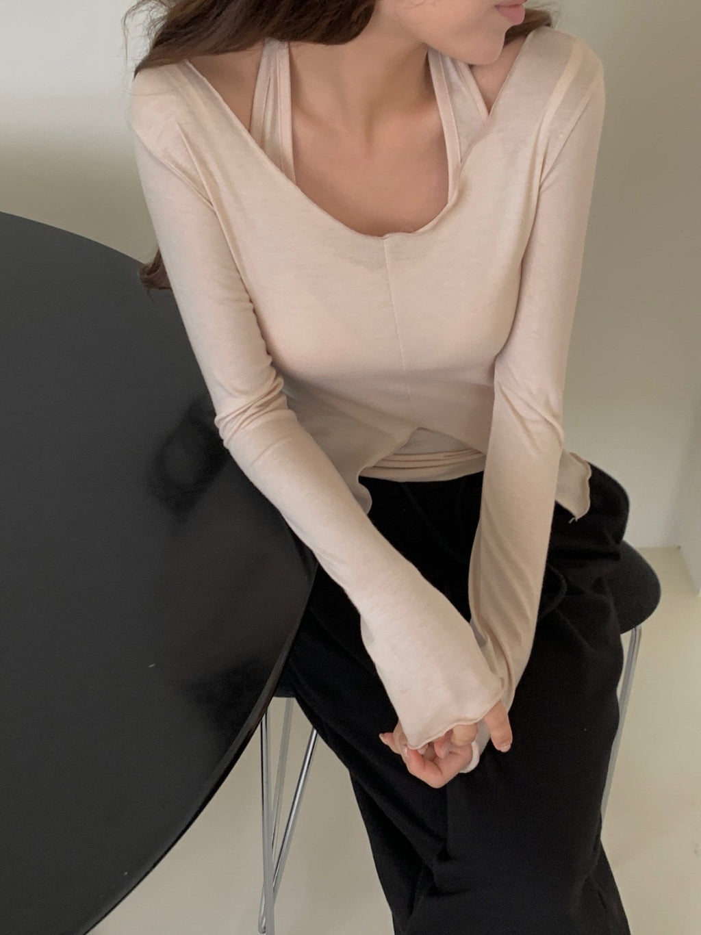 Halter tank and long-sleeve top sets in ivory, beige, navy, charcoal, and black