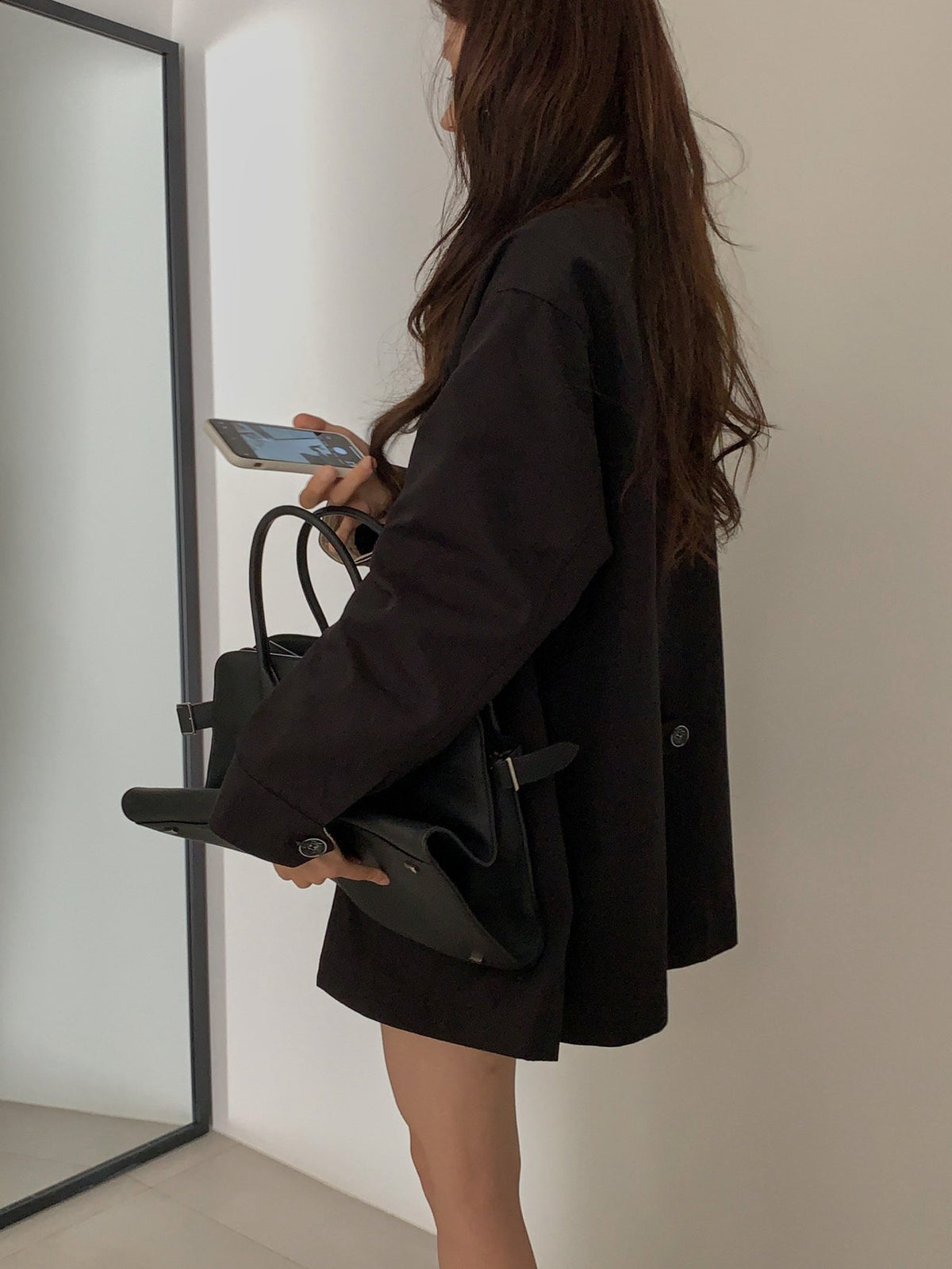 Oversized Contrast Collar Corduroy Trim Long Coat