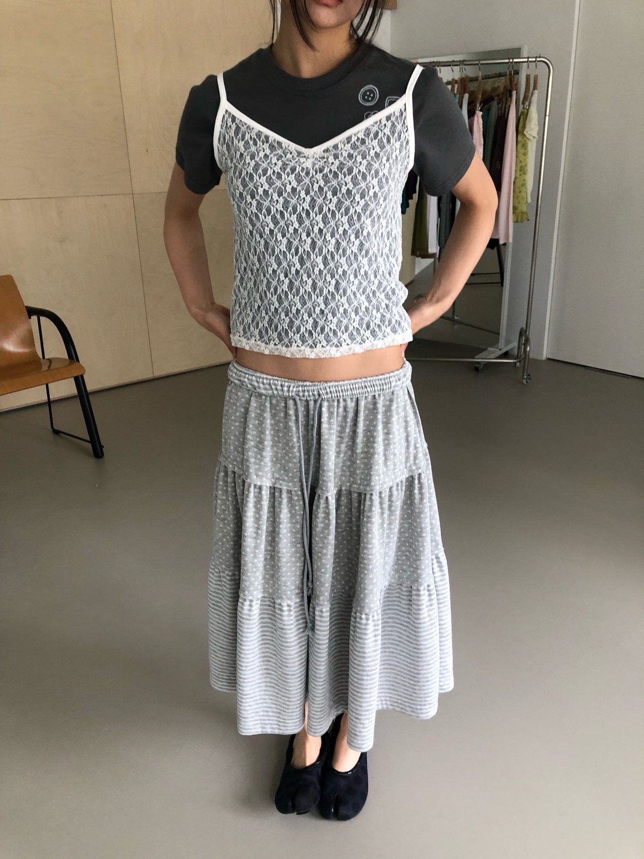 NueFlash Polka Dot Stripe Tiered Maxi Skirt