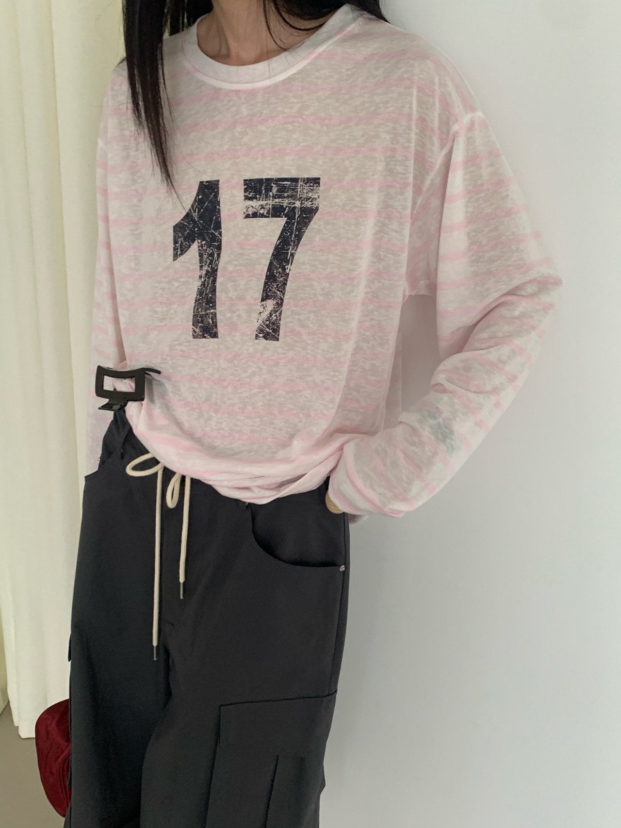 VAARA Number 17 Stripe Oversized Crew Neck Long Sleeve T-Shirt