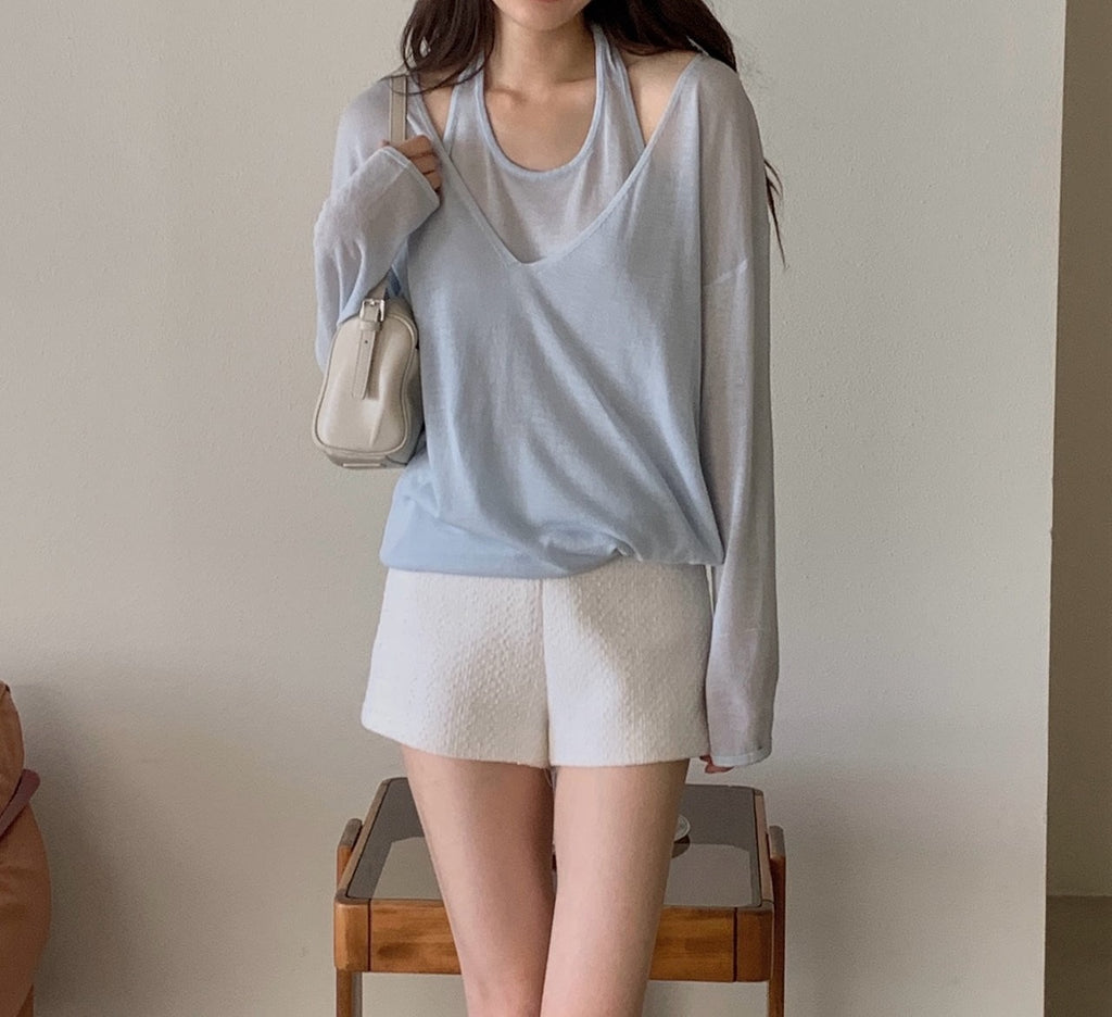 V-Neck Layered Look Long Sleeve Knit Top