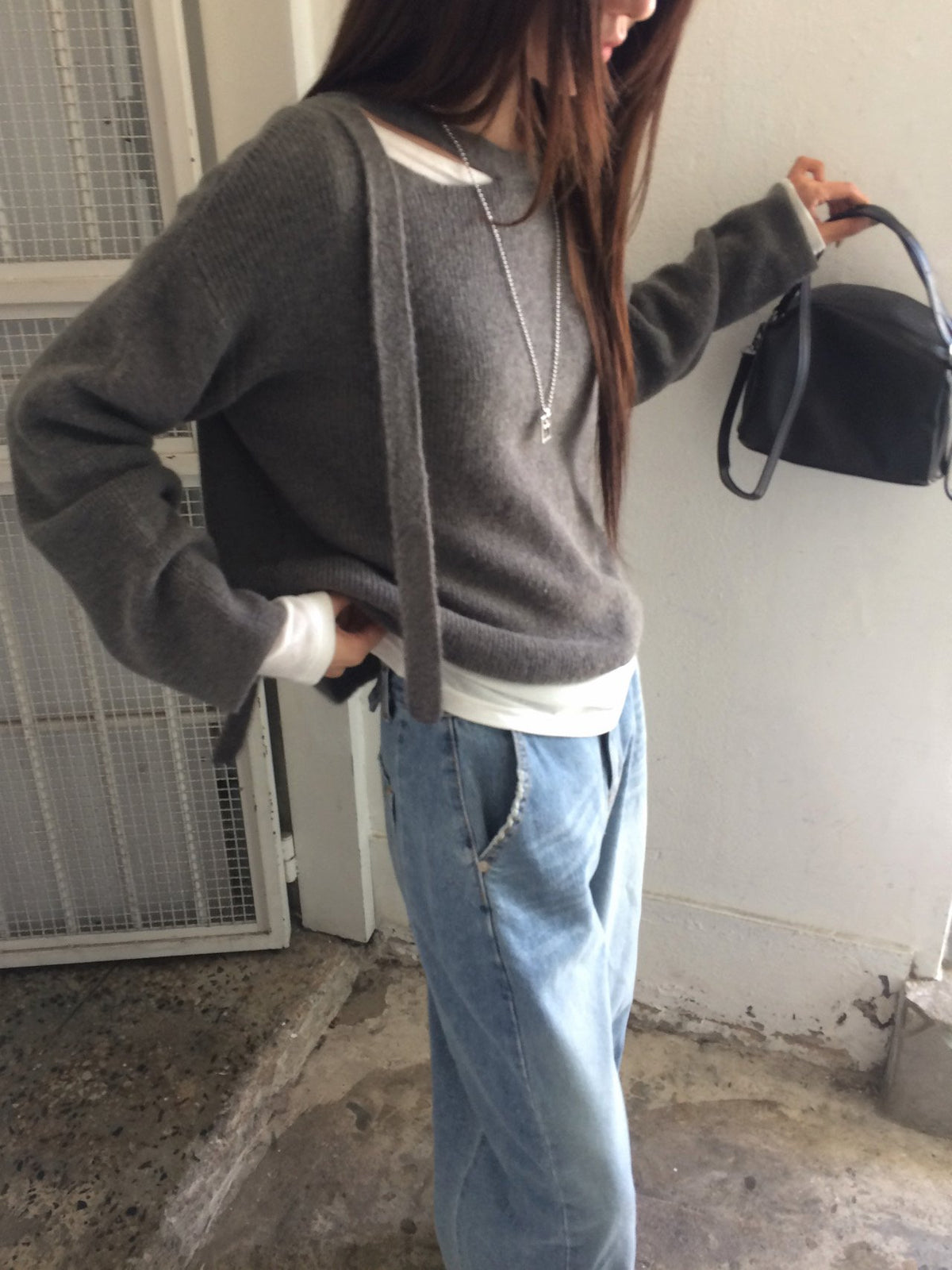 Off-Shoulder Strap Cutout Loose Fit Long Sleeve Knit Top