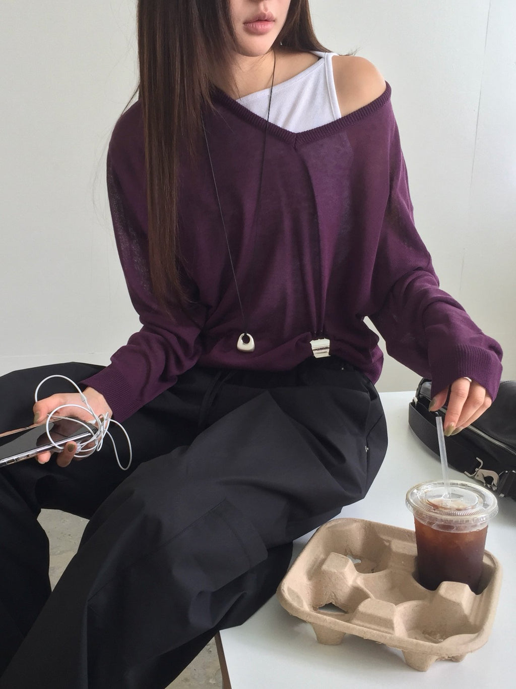 Nweol V-Neck Drop Shoulder Oversized Knit Sweater