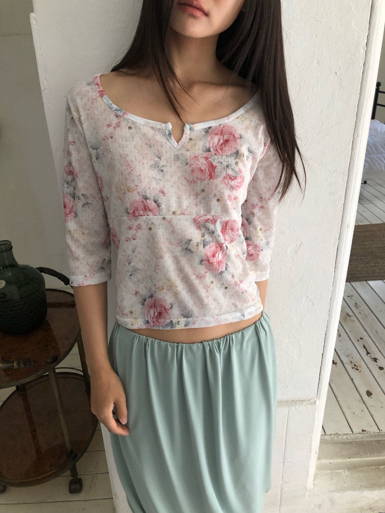 NueFlash Floral Print Notch Neck Three-Quarter Sleeve Crop Top