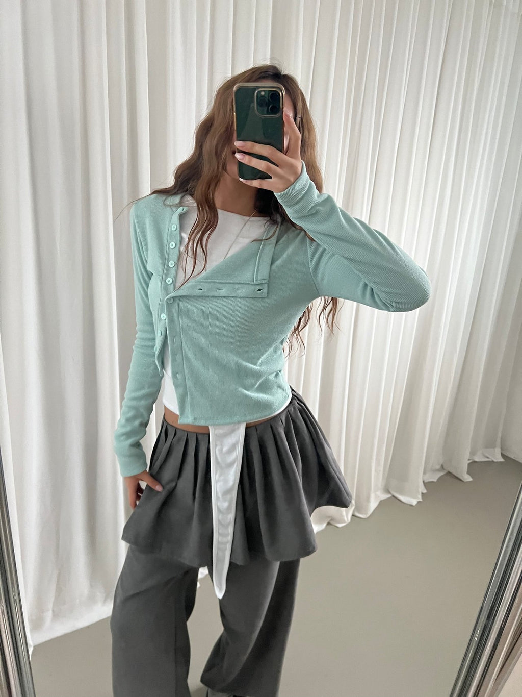 Snap Button Cropped Rib Knit Cardigan