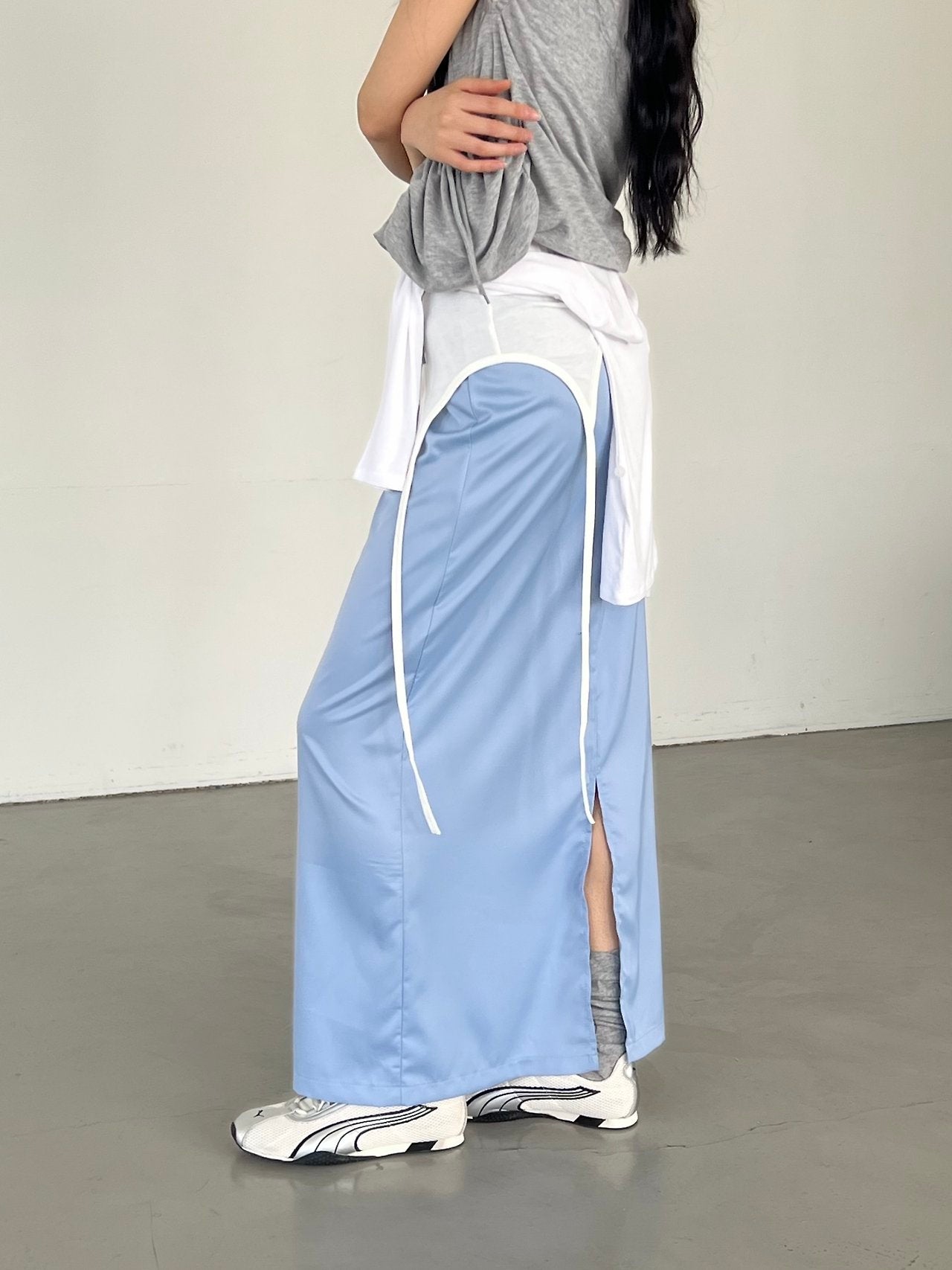 ASKHAKI Contrast Piping Drawstring Wide Leg Long Skirt