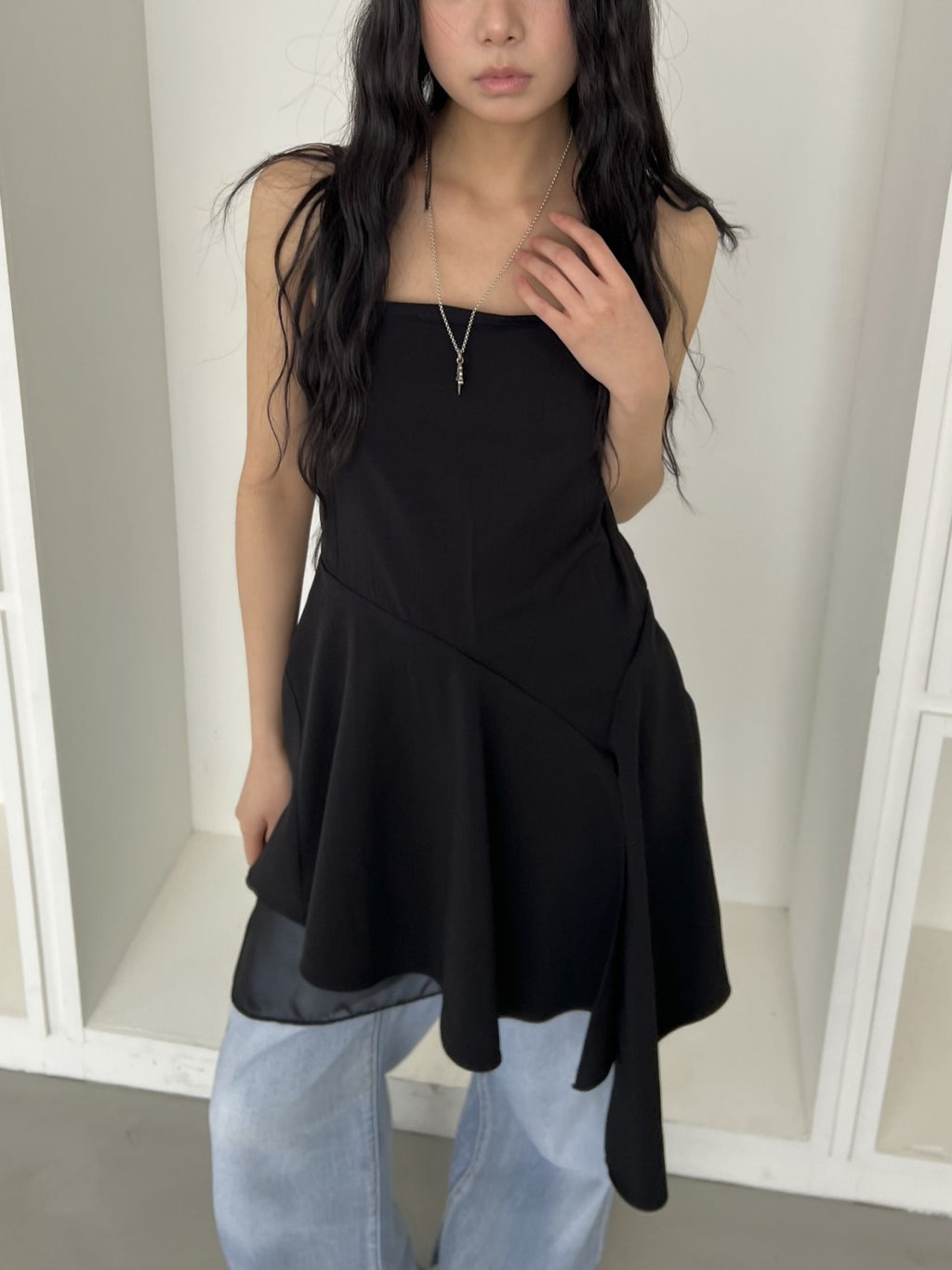 ASKHAKI Square Neck Chiffon Flare Mini Dress