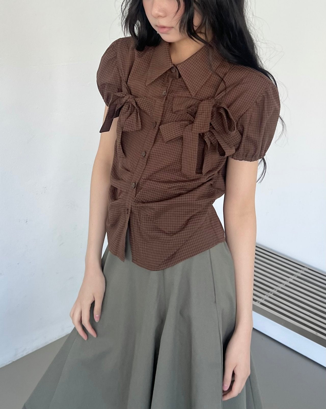 ASKHAKI Ribbon Bow Puff Sleeve Cropped Shirt Blouse