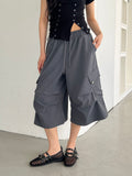 ASKHAKI Wide Leg Cargo Bermuda Shorts with Flap Pockets and Drawstring Hem