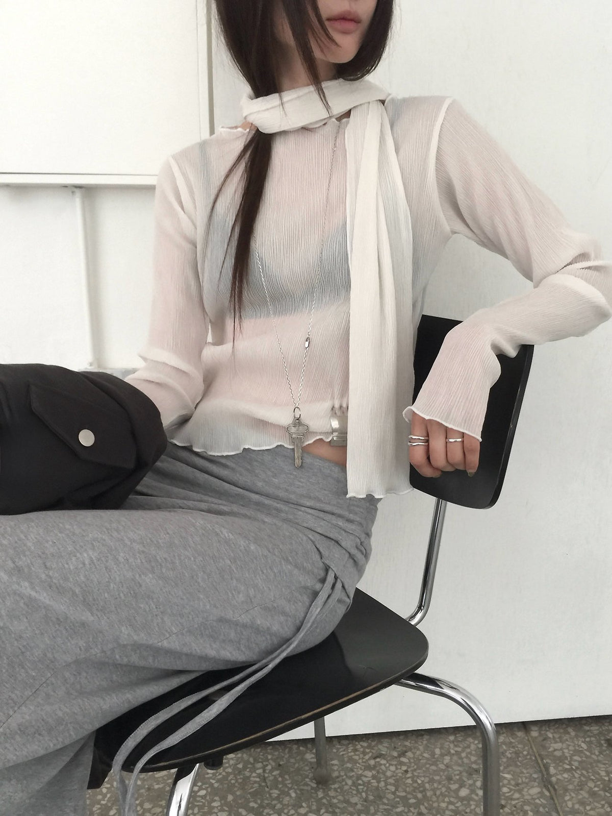 Pleated Long Sleeve Top with Scarf Set